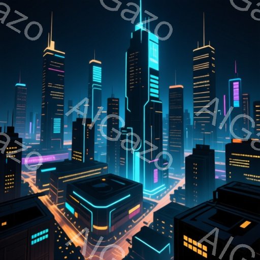 鮮やかなネオンライトで照らされた未来都市の風景が広がっている。高層ビル群が幾何学的に配置され、道路はオレンジ色の光で脈打っている。全体的に、80年代のレトロな雰囲気とサイバーパンク的な要素が混ざり合い、幻想的で少しノスタルジックな雰囲気を醸し出している。