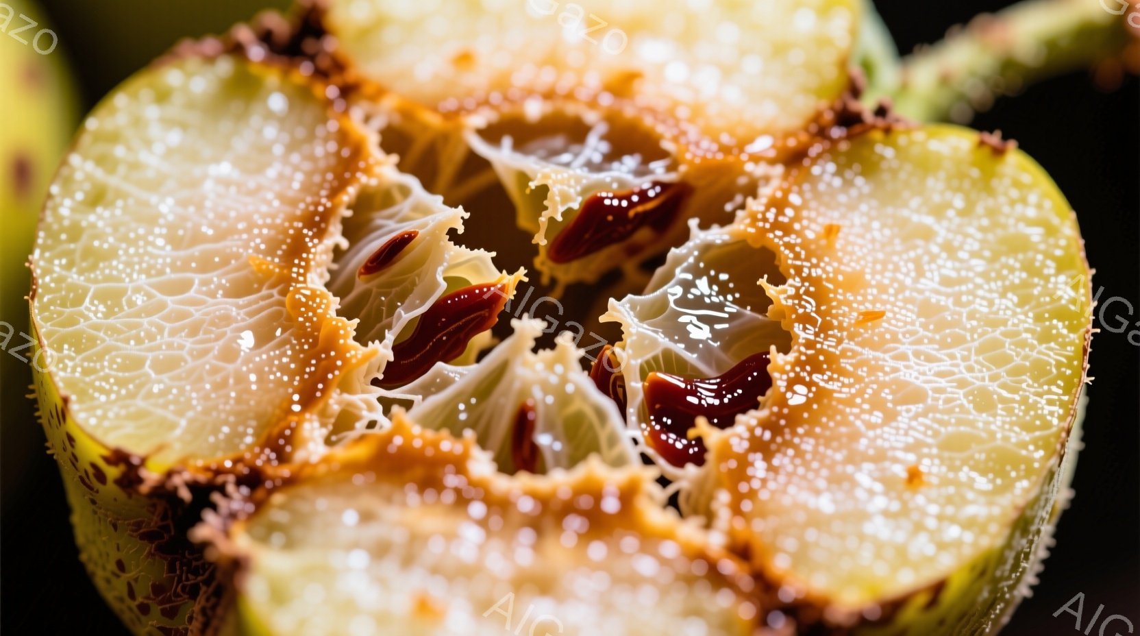 鮮やかな緑と茶色の果実の断面が写っている。内部は白く網目状の構造で、小さな茶色の種子が点在しており、まるで複雑な地形図のようだ。光沢のある表面とテクスチャのコントラストが、自然の有機的な美しさを強調している。