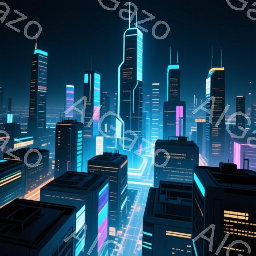 未来的な都市の夜景が描かれている。高層ビル群はネオンカラーで光り、サイバーパンクな雰囲気を醸し出している。道路も光の線で表現され、近未来的な都市空間を強調している。 - AI生成フリー素材
