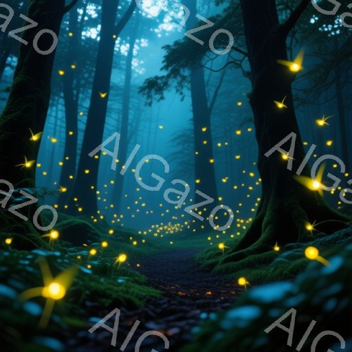 深い森の中を、無数の光る粒子が舞っている幻想的な光景だ。苔むした地面と巨大な木の根がうっそうとした自然を表現し、湿った空気と神秘的な雰囲気が漂っている。光の粒子はまるで妖精の群れのように、暗闇の中で輝 - AI生成フリー素材