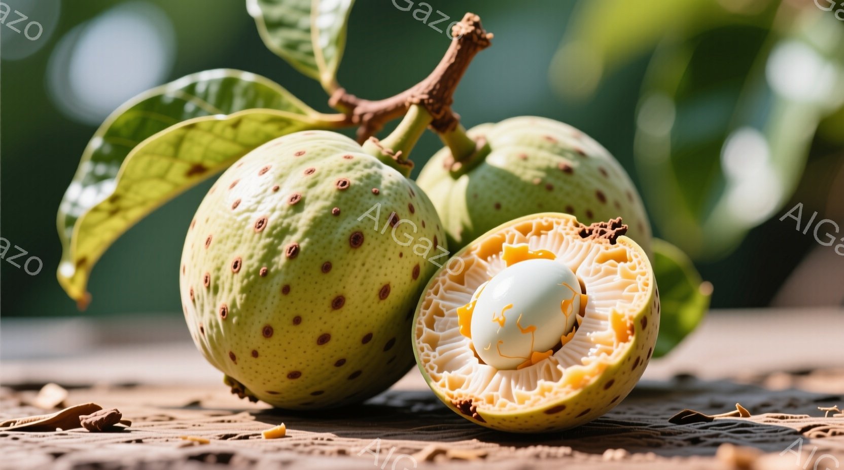 鮮やかな緑色のハリノキの実が、木製のテーブルの上に置かれています。片方の実は半分に切られており、内部の白い種と、独特の蜂の巣のような構造がはっきりと見えます。背景には緑豊かな葉がぼやけており、自然の恵 - AI生成フリー素材