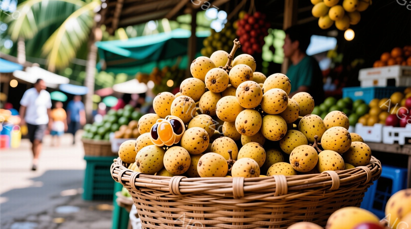 籠いっぱいの黄色い果物、おそらくランブータンが写っている。背景には、青いプラスチック製の箱に入った他の果物や、ぼやけた人影が見え、活気のある市場の様子が伺える。日差しが強く、全体的に明るく、エキゾチッ - AI生成フリー素材
