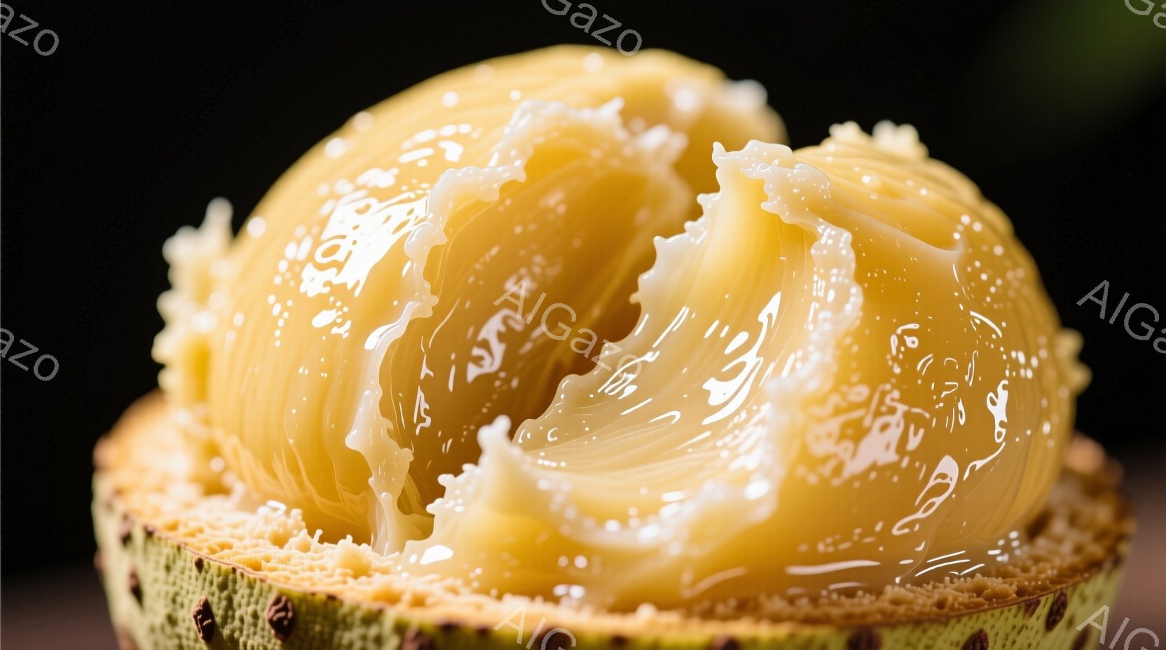 半分に切られた柑橘類、おそらく柚子の断面をクローズアップしたものです。果肉は淡い黄色で、水分を多く含んでおり、光沢があります。背景は暗く、果物の色が際立っており、瑞々しい果実の美味しさを強調しています。