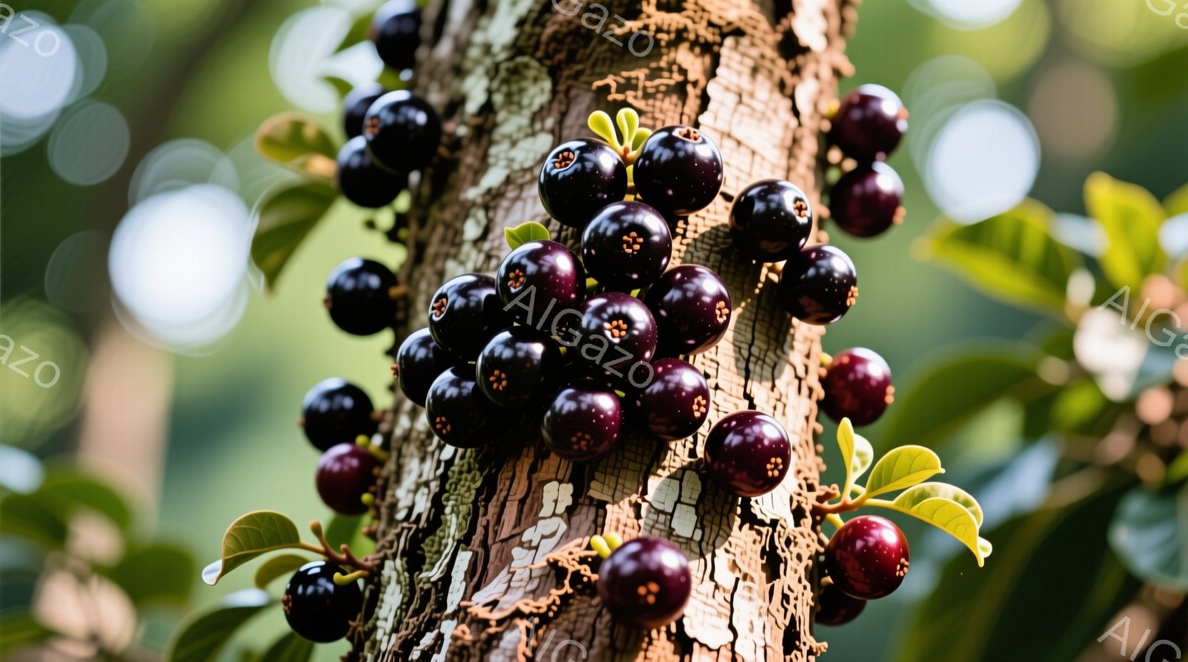 鮮やかなピンク色の果肉を持つ、途中で切られたパッションフルーツが2つ、木製の表面に置かれています。周りには緑の葉が生い茂り、フルーツの表面には水滴が光っています。背景はぼやけており、自然な光が差し込み、全体的に爽やかで美味しそうな雰囲気を醸し出しています。