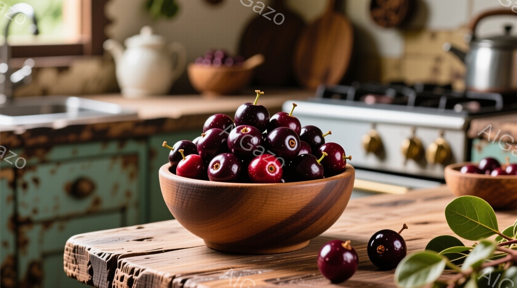 濃い赤紫色のプラムが木製のボウルいっぱいに盛られており、その鮮やかな色彩が目を引きます。背景には、緑色の錆びたキャビネットとステンレス製のガスレンジが見え、素朴で温かみのあるキッチンの一角が写っています。テーブルの上にはプラムが数個散らばり、葉が添えられており、全体的に豊かさと自然の恵みを感じさせる静物画のような雰囲気です。