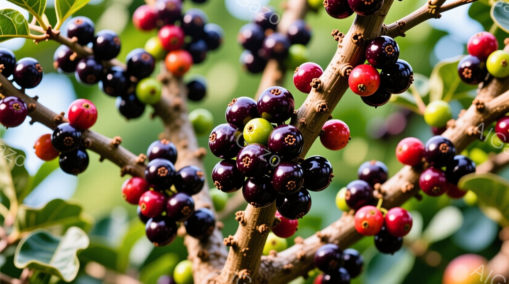 濃い紫から赤色の小さな実が枝に密集してぶら下がっており、一部緑色の未熟な実も見られます。枝は茶色く、葉の切れ端がわずかに見え、背景にはぼやけた緑色の自然が広がっています。全体的に、自然の豊かさと秋の収穫を思わせる、温かみのある雰囲気です。