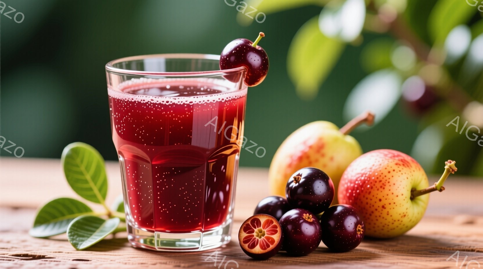 テーブルの上には、赤い果汁が入ったグラス、リンゴ、そして暗い紫色のベリーが置かれています。グラスの縁には鮮やかな赤いサクランボが飾られ、背景には緑の葉がぼやけて見えます。全体的に、フルーツをテーマにし - AI生成フリー素材