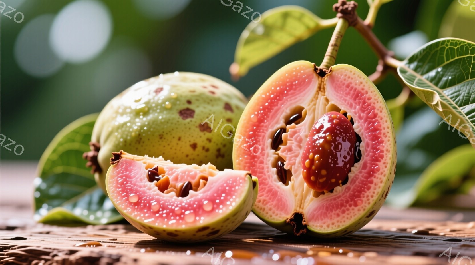 パパイヤの断面がアップで捉えられています。オレンジ色の果肉に黒い種が密集し、白くねっとりとした果肉に覆われています。背景は暗く、パパイヤの鮮やかな色が際立っており、トロピカルな雰囲気が漂います。 - AI生成フリー素材