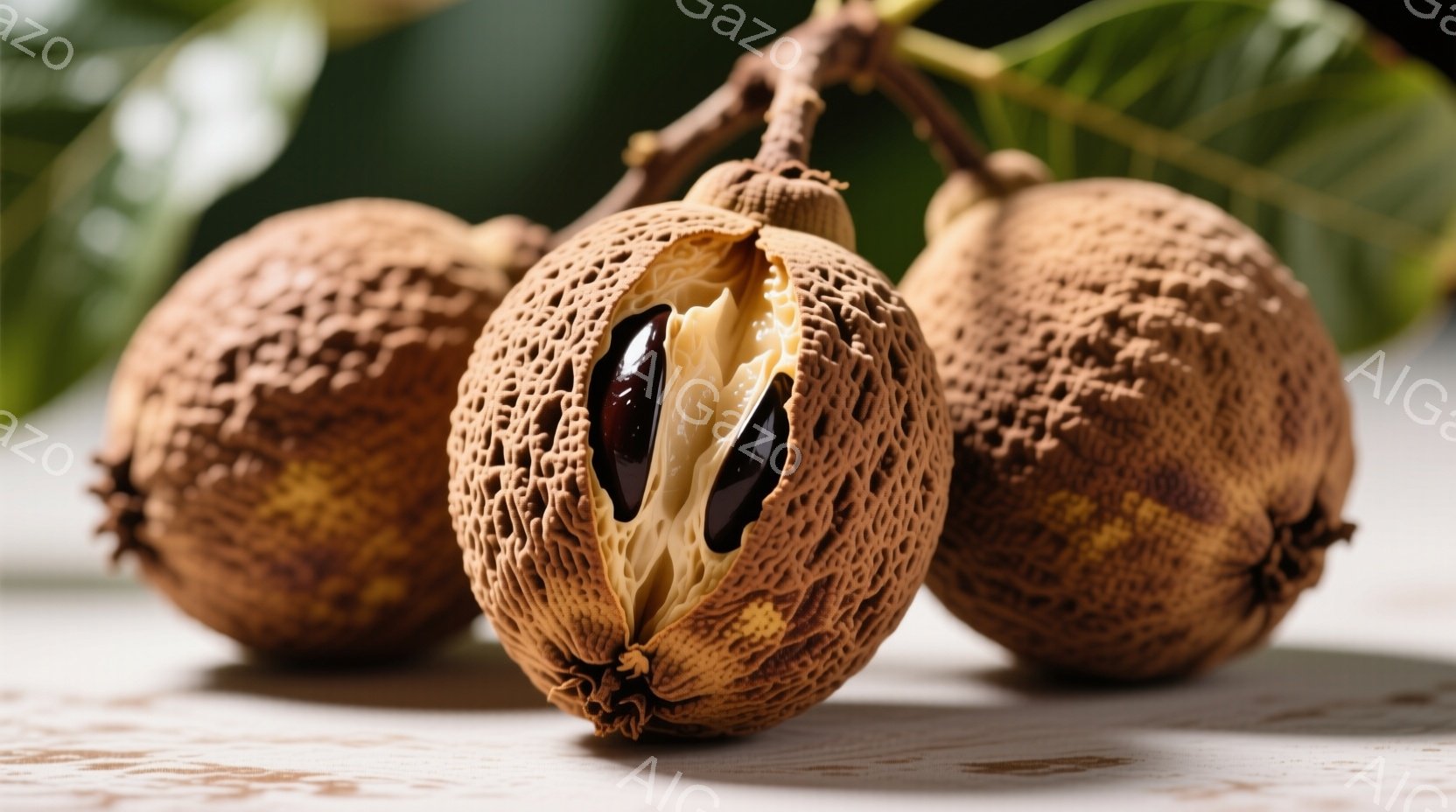 割れて中身が見える３つのアッサムバジル（またはタマリンド）の実が写っている。実の外皮は茶色で、表面がゴツゴツとした質感を持っている。背景はぼやけた緑色の葉と白い木製の表面で、全体的に自然で有機的な雰囲 - AI生成フリー素材