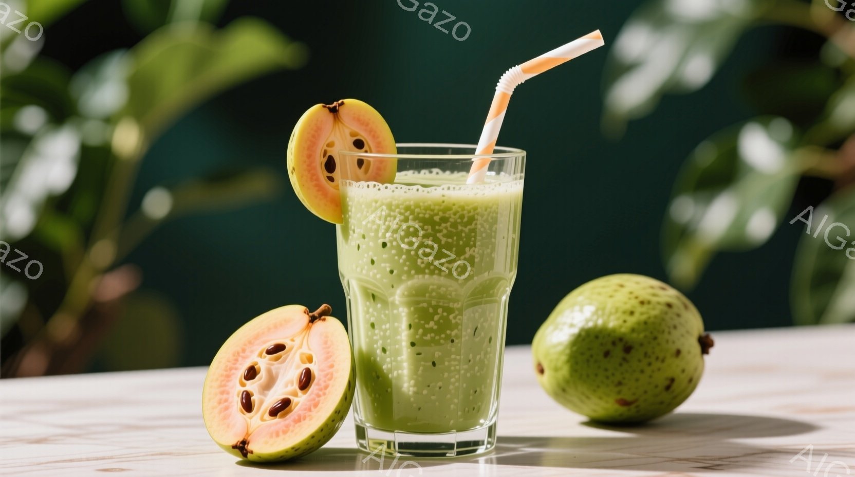グアバをテーマにした静物画で、緑色のスムージーが特徴的なグラスに入って、ストローが挿さっています。スムージーの隣には、半分に切られたグアバと、丸ごとのグアバが置かれ、白いテーブルの表面に影が落ちています。背景は緑豊かな植物で、自然で健康的な雰囲気を醸し出しています。