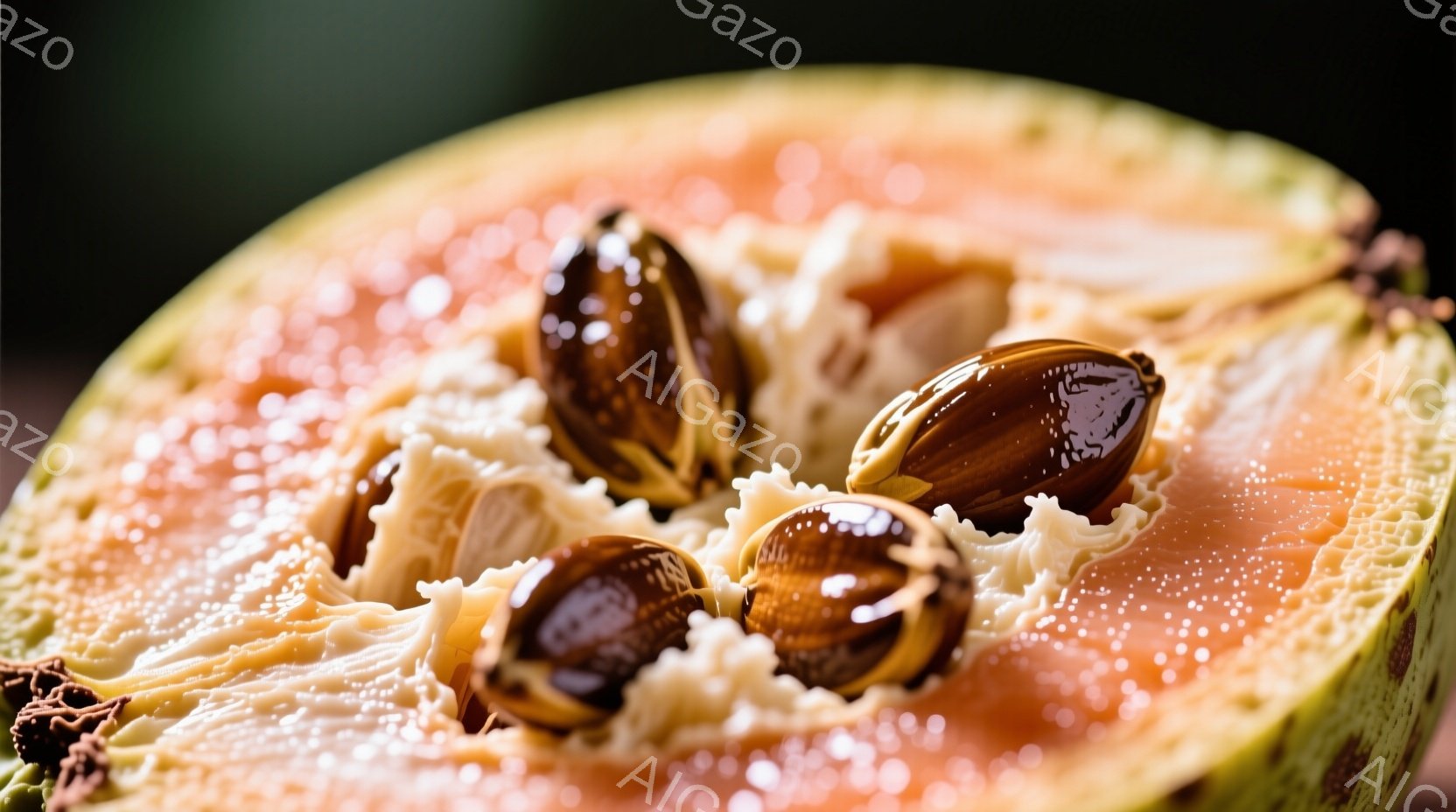 鮮やかなピンク色の果肉を持つパパイヤが半分にカットされ、中央には黒色の種がいくつか並んでいます。果肉の繊維が細かく、しっとりとした質感と瑞々しさが感じられます。背景は暗く、パパイヤの鮮やかな色が際立っており、トロピカルな雰囲気です。