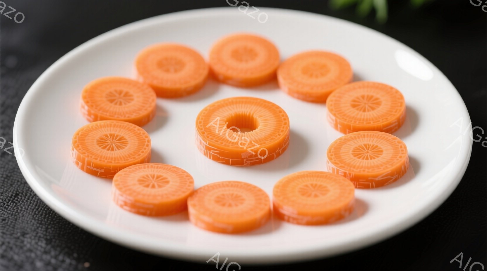 白い皿の上に、オレンジ色の細かくスライスされた人参が円形に並べられています。人参のスライスは、中央に小さな空洞がある独特の形状をしており、まるで小さな花のように見えます。背景は暗い色調で、人参の鮮やかな色が際立っています。