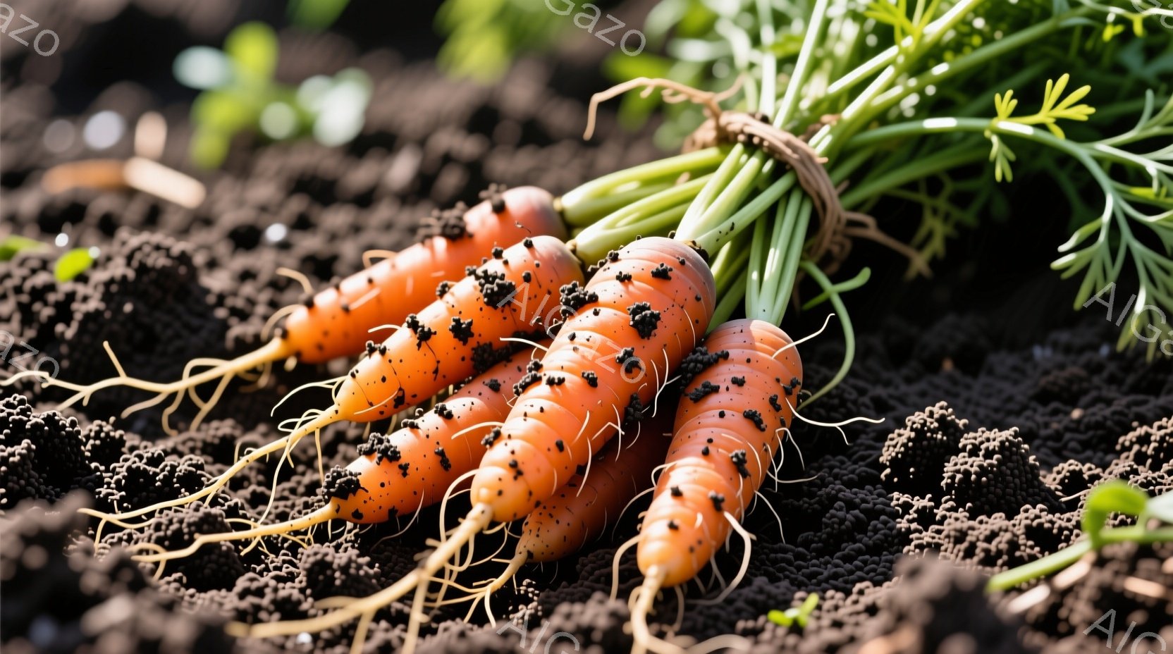 土の中から引き抜かれたオレンジ色のニンジンが数本、土の付いたまま写っている。葉は緑色で鮮やかであり、土の黒色とのコントラストが美しい。背景は暗褐色の土壌で、農園の一角を思わせる自然な雰囲気である。 - AI生成フリー素材