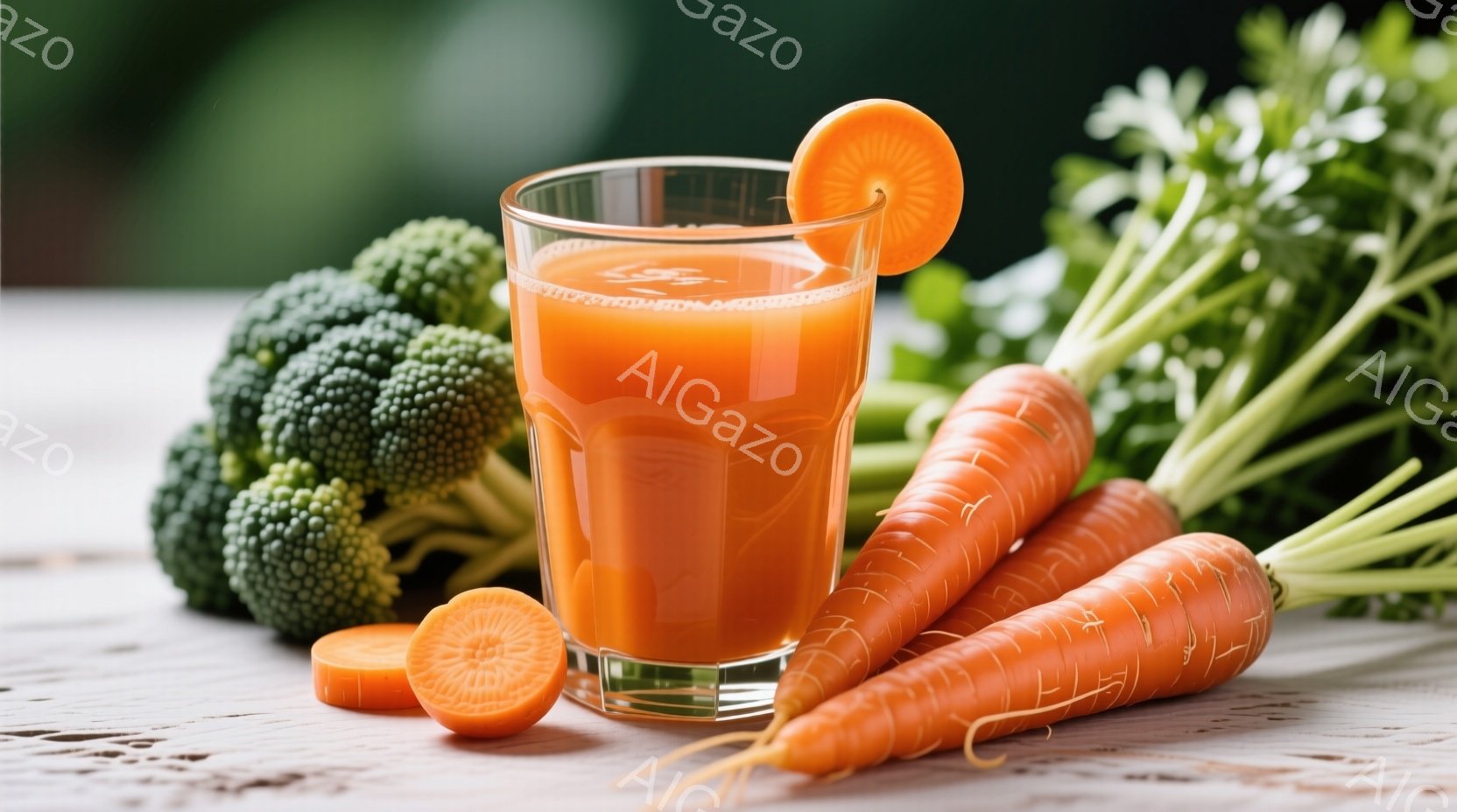 粗い木製のテーブルの上に、鮮やかなオレンジ色のキャロットジュースが入ったグラスと、新鮮なブロッコリー、そして数本のニンジンが置かれています。ジュースのグラスの縁には、スライスされたニンジンが飾られており、全体的に健康的な食生活を連想させる、自然で爽やかな雰囲気です。背景はぼやけていますが、自然光が差し込み、食材の色を際立たせています。