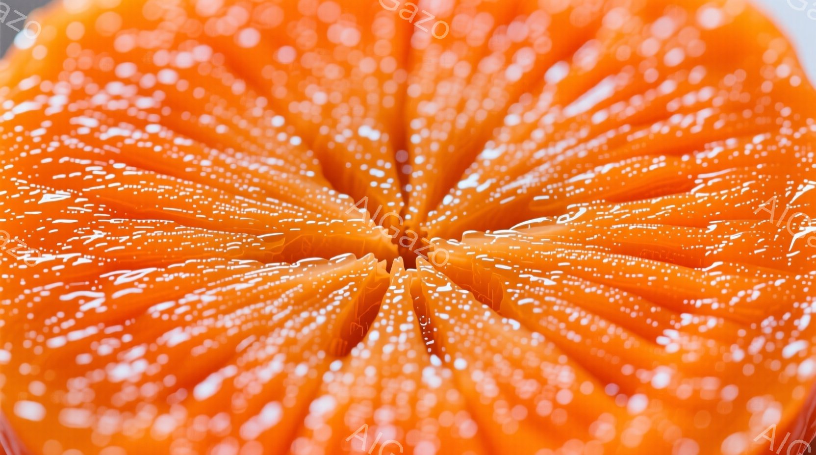 鮮やかなオレンジ色の果物、おそらくみかんやオレンジの断面が画面いっぱいに広がっています。果汁と思われる細かい水滴が表面を覆い、瑞々しさを強調しています。果肉の繊維が放射状に広がり、自然のテクスチャと鮮やかさを際立たせています。
