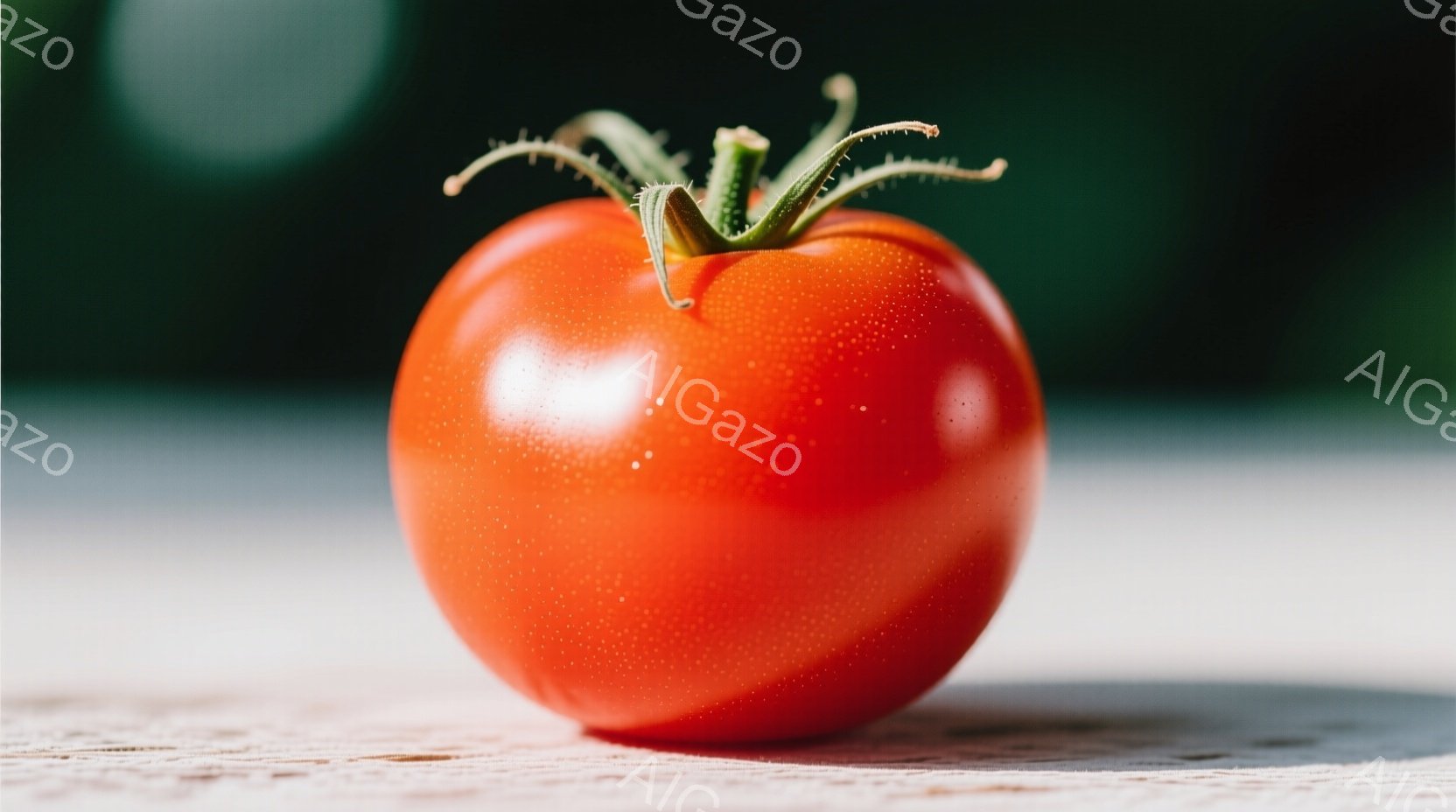 鮮やかな赤色のトマトが、粗い木製のテーブルの上に置かれています。トマトのヘタは緑色で、瑞々しい様子がうかがえます。背景は緑色のぼかしで、自然な雰囲気の中にトマトの鮮やかさが際立っています。 - AI生成フリー素材