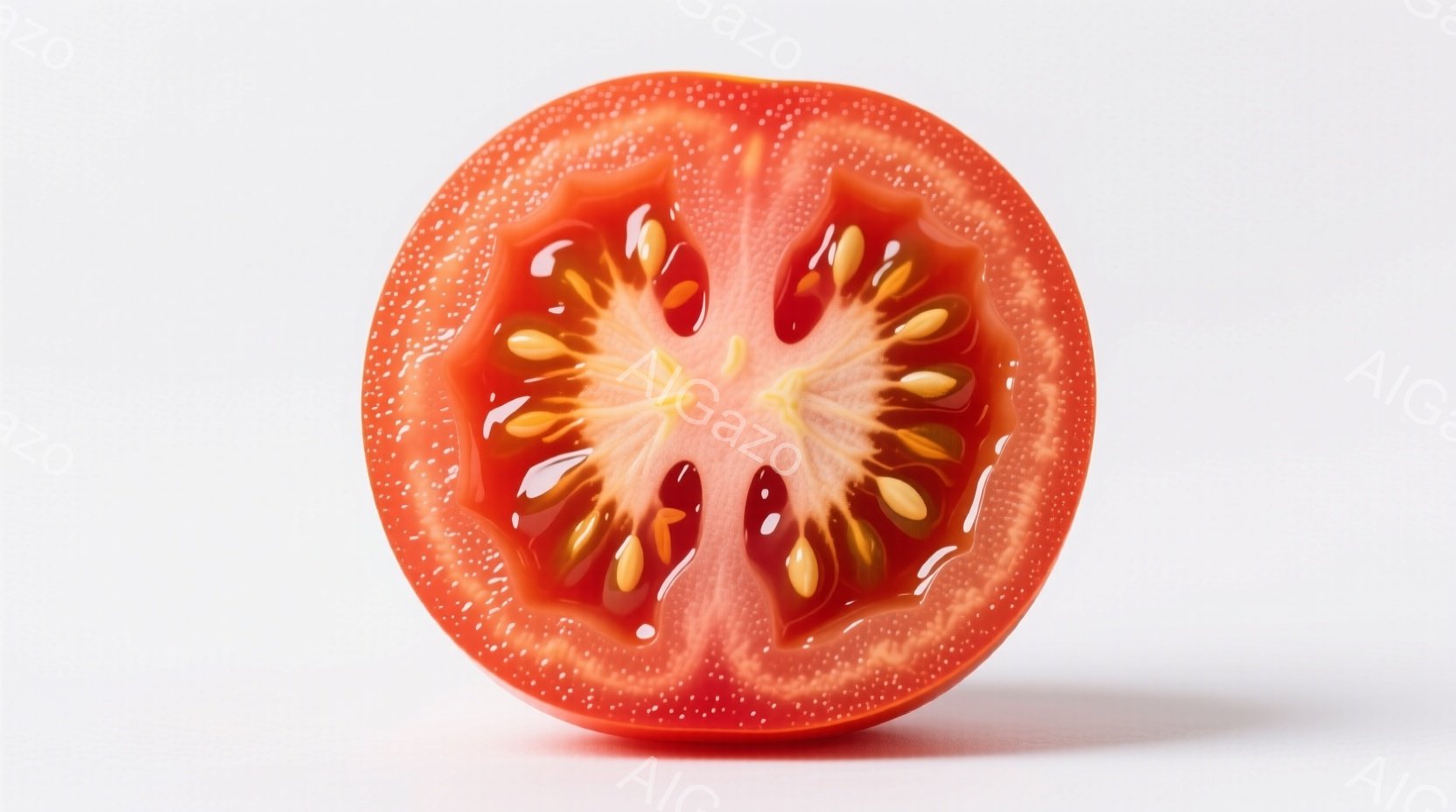 真っ赤なトマトが半分にカットされた様子が写っている。種が規則的に並び、果肉の鮮やかな赤色が印象的だ。背景は白く、トマトそのものを際立たせており、シンプルで清潔感のある雰囲気である。 - AI生成フリー素材