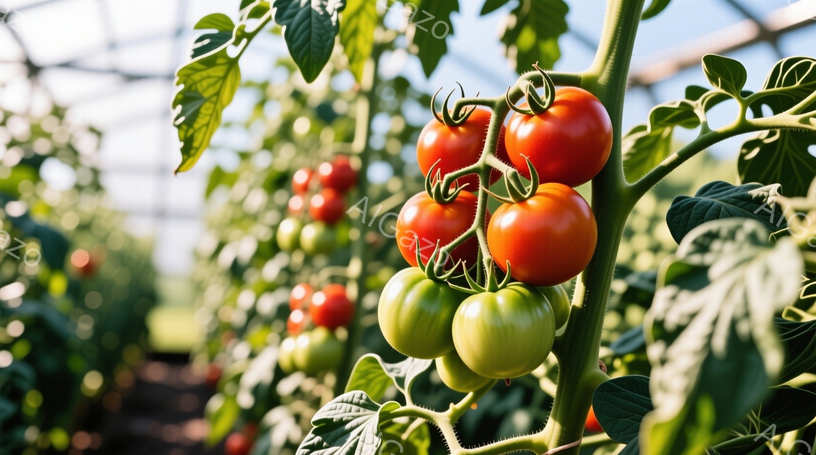 鮮やかな赤いトマトと緑色のトマトが、茎に実っている様子が捉えられています。背景には他のトマトの葉や実、そして光を取り込むガラス張りの温室の構造がぼんやりと見え、太陽の光が差し込んでいます。全体的に生命力にあふれ、豊穣な自然の恵みを感じさせる温かい雰囲気です。