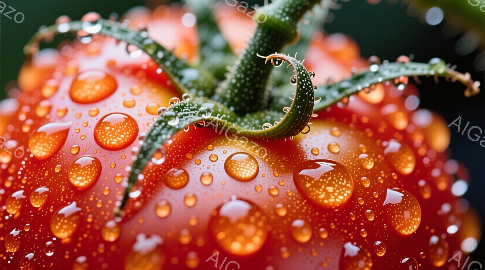 真っ赤なトマトが画面いっぱいに広がっており、表面には大小さまざまな水滴が輝いている。茎と葉は緑色で、水滴がついており、雨上がりのような湿った雰囲気を醸し出している。背景はぼやけており、自然の中で撮影された様子が伺える。