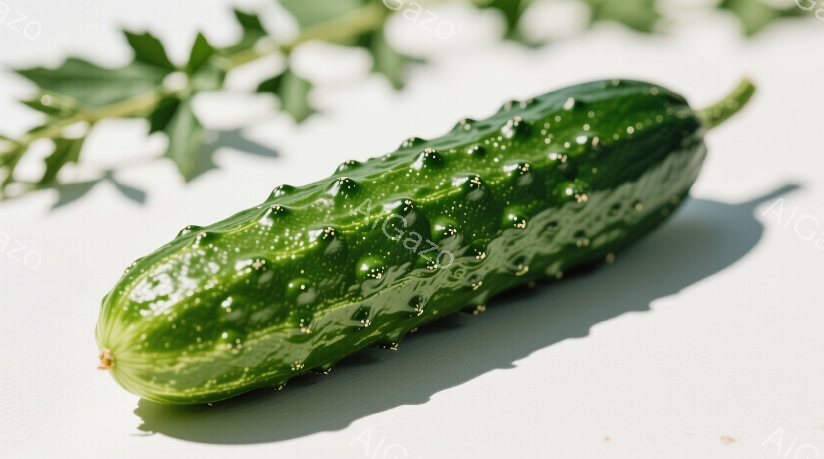 鮮やかな緑色のキュウリが白い背景に置かれています。表面には小さなイボがあり、光沢があり、影がはっきりと落ちています。背景には、キュウリの葉の一部が見え、全体的に爽やかで健康的な印象を与えます。 - AI生成フリー素材