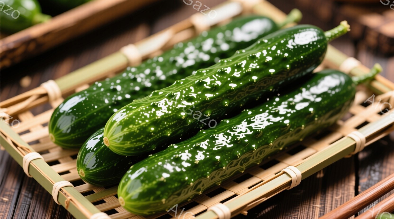 3本のきゅうりが、竹細工の浅い籠の中に並んでいます。きゅうりは濃い緑色で、表面に白い斑点があり、新鮮でみずみずしい様子が伺えます。背景は木製の表面で、暖かく自然な雰囲気を醸し出しています。