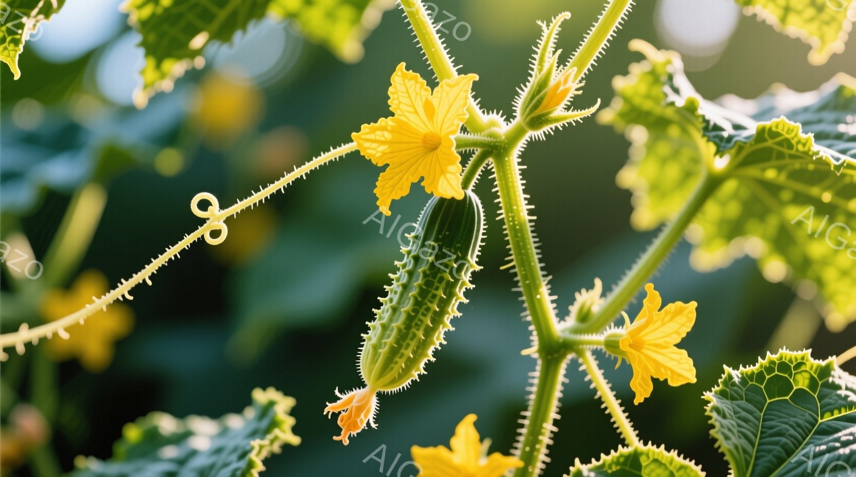 鮮やかな緑色のキュウリが、黄色い花と棘のある茎に囲まれて写っているクローズアップ写真です。背景は緑豊かな葉っぱで覆われており、自然の中で育つ植物の生命力を感じさせます。光が差し込み、植物の鮮やかさを引き立て、穏やかで生命力にあふれた雰囲気を醸し出しています。