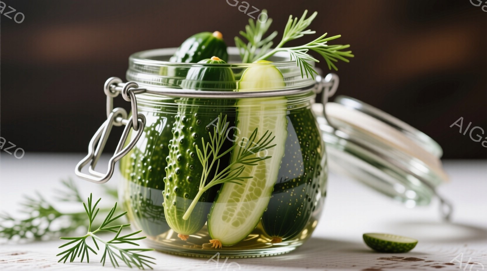 ガラス瓶の中に、スライスされたキュウリとディルの枝が入っています。キュウリは透明な液体に浸され、瓶の蓋は開いており、塩漬けまたはマリネされたキュウリを示唆しています。背景はぼやけており、白い布の上に置 - AI生成フリー素材