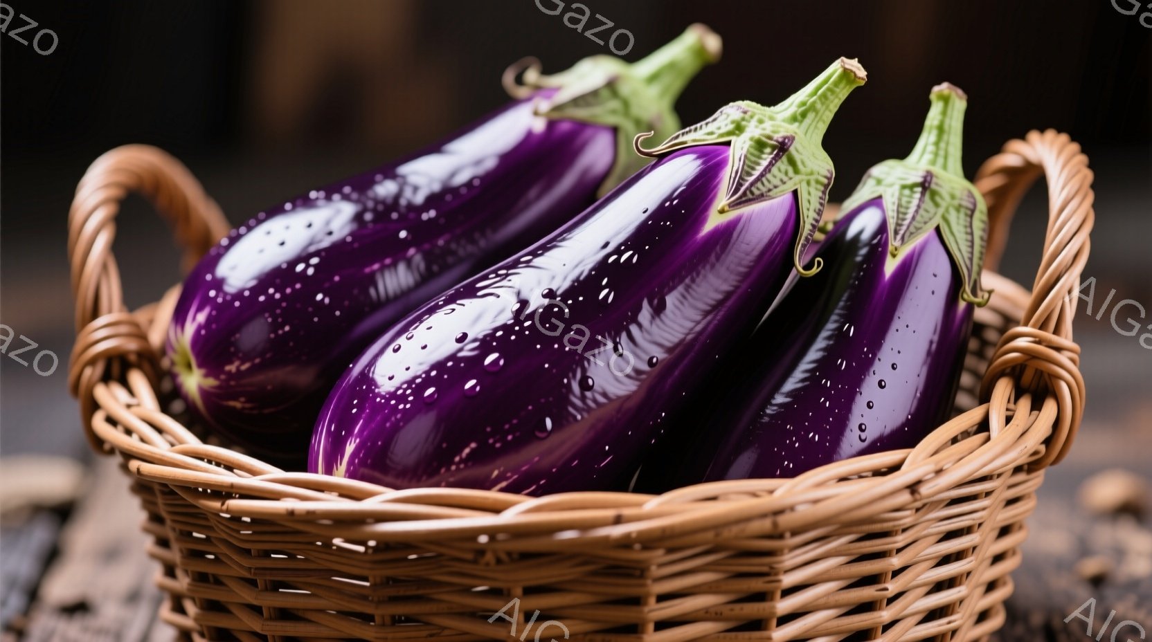 鮮やかな紫色のナスが、編み込まれた茶色の籠の中に収まっています。ナスの表面には水滴が光り、新鮮さを強調しています。背景は暗く、木製のテーブルのようであり、ナスが際立って見えます。 - AI生成フリー素材