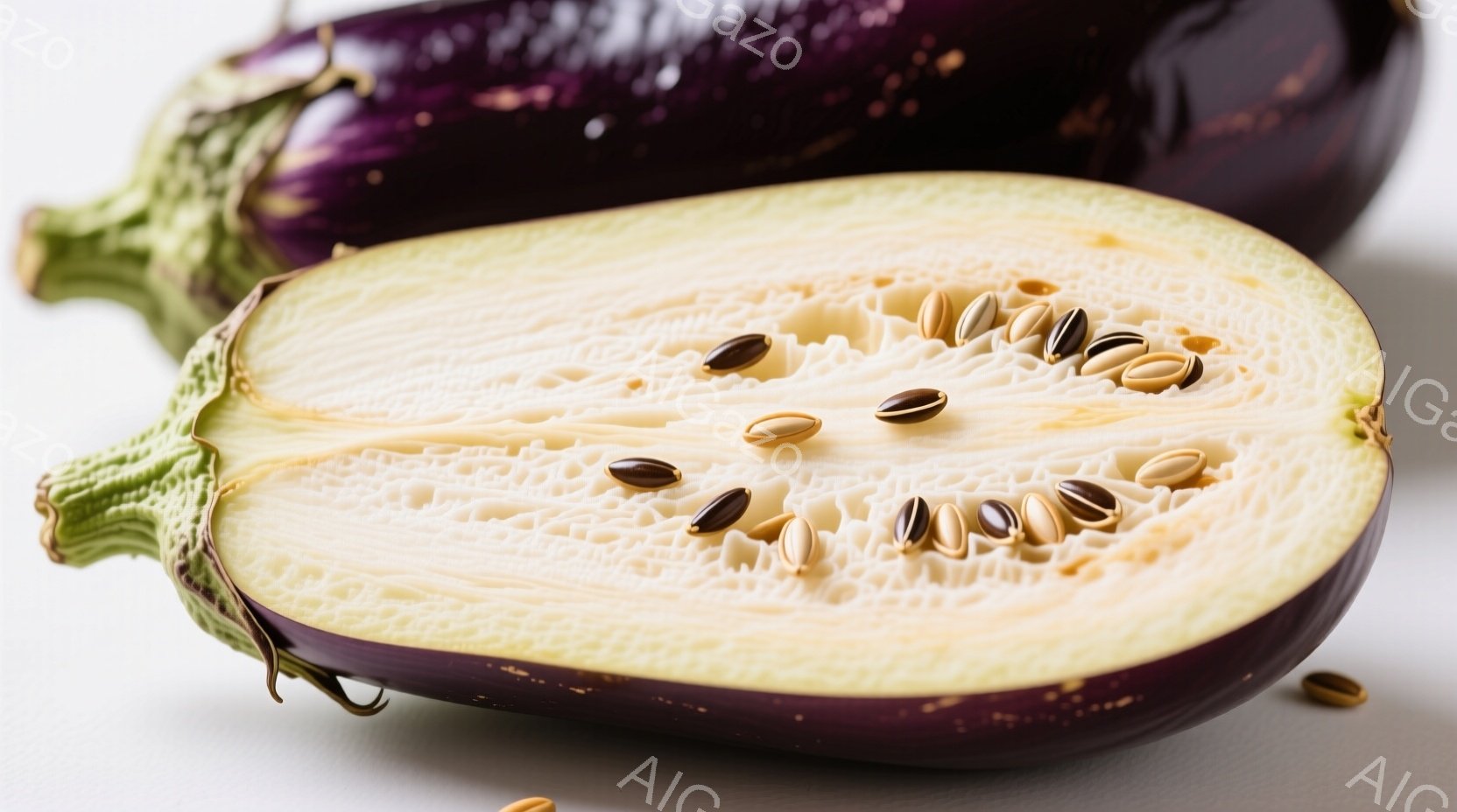 食品の写真です。中心に大きなインゲルが切り開け、その中から小さい種子が見えるようになっています。背景は白色の表面で、鮮やかな色彩と清潔な状態を呈しており、食品に関する感情が湧き上げます。このインゲルは健康的な食材であり、種子から豊富な栄養素を摂取できると言えます。