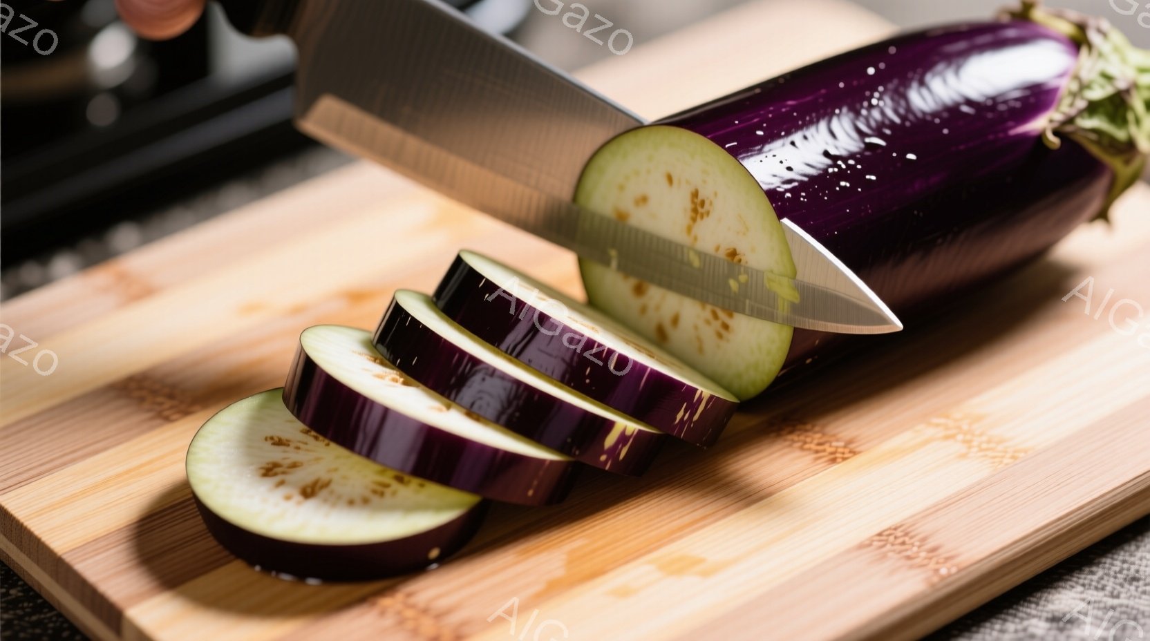 濃い紫色のナスが、木製のまな板の上で薄切りにされている様子が捉えられています。刃渡りの長い包丁が、途中でカットされたナスを横切り、断面からは白い果肉が見えます。背景はぼやけており、調理中の様子を切り取 - AI生成フリー素材