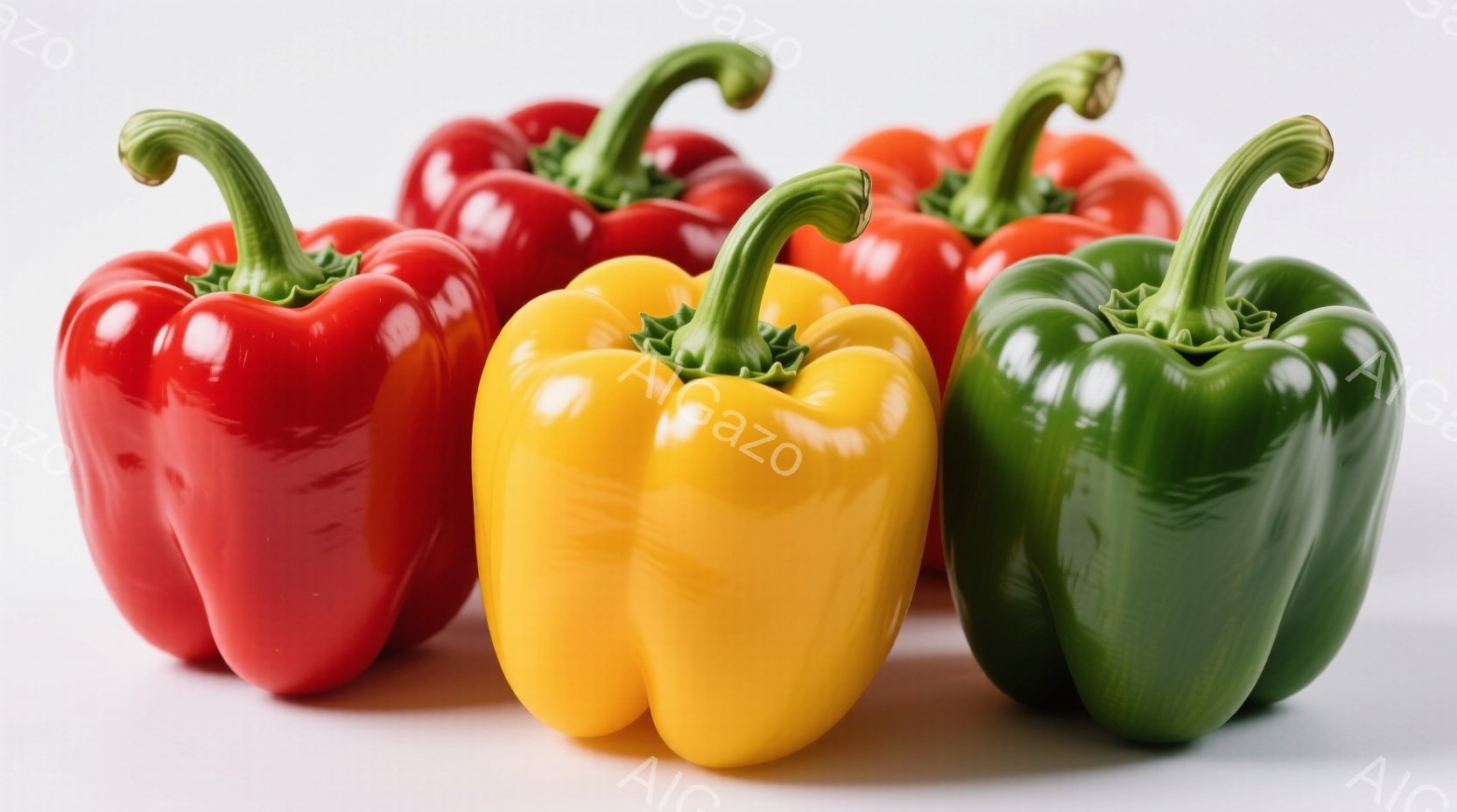 赤、黄、緑のパプリカが並んでいます。それぞれ鮮やかな色をしており、つややかで丸みを帯びた形が特徴的です。白い背景が色を際立たせており、シンプルながらも食欲をそそる雰囲気です。