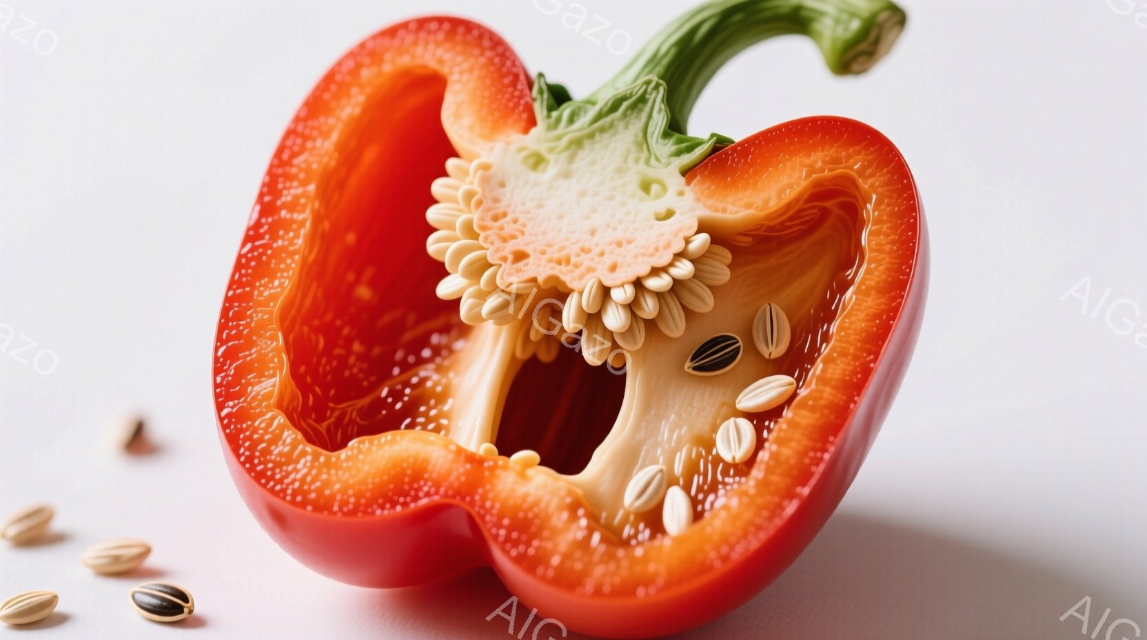 赤色のパプリカが半分にカットされ、中の白い果肉と種子が露わになっています。種子はパプリカの周囲に散らばっており、全体的に明るく清潔な印象を与えます。背景は白く、パプリカの色を引き立てています。