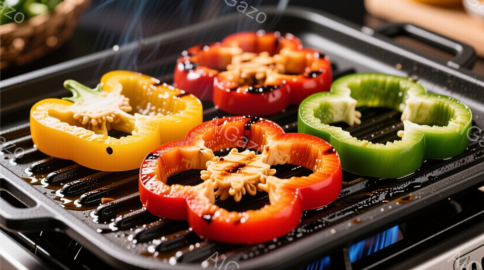 鉄板の上には、黄色、赤、緑のピーマンが並べられています。ピーマンは半分に切られ、種を取り除き、表面に何か（おそらく調味料）が塗られています。鉄板からは煙が立ち上っており、調理中の様子が伺えます。