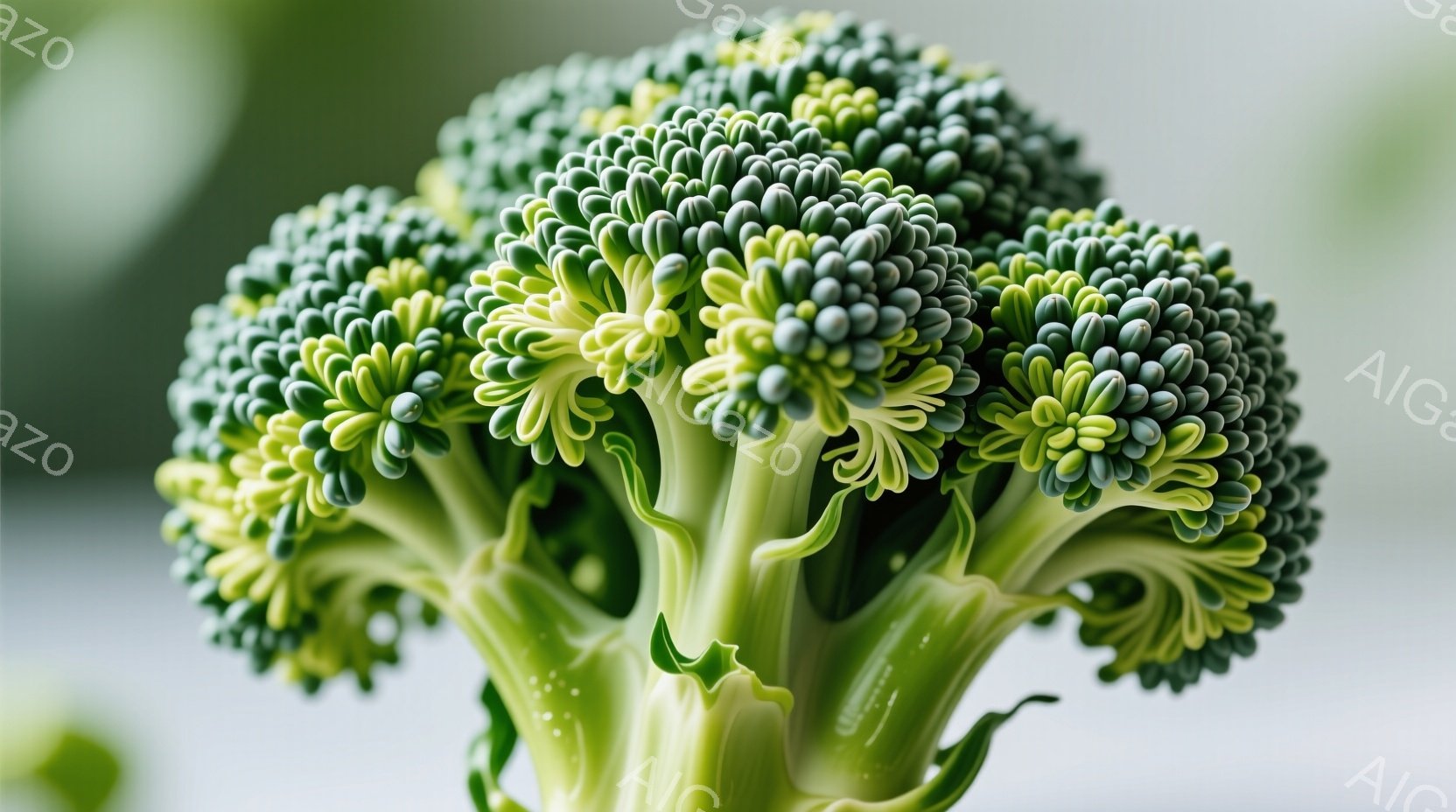 この画像はブロッコリーの鮮やかなクローズアップ写真です。緑色の蕾が密集し、茎は淡い緑色で、葉はわずかにカールしています。背景はぼやけており、ブロッコリーの自然な美しさを強調しています。