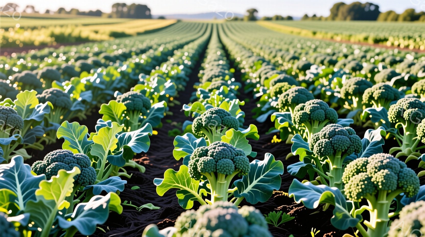 広大なブロッコリー畑が広がり、整然と並んだ緑色の花蕾が印象的だ。黒い土と緑の葉がコントラストを生み、遠くには農地が広がり、穏やかな天候が感じられる。全体的に豊かで自然な雰囲気が漂い、収穫を待つブロッコリーの生命力が伝わってくる。