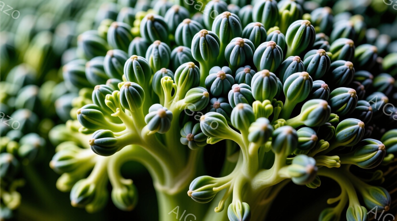 鮮やかな緑色の植物が、密集した球状の花蕾を特徴としています。それぞれの花蕾は、中心に向かって渦を巻くように配置され、生命力に満ち溢れた印象を与えます。背景は深い緑色で、光が差し込み、植物の立体感と質感を強調しています。