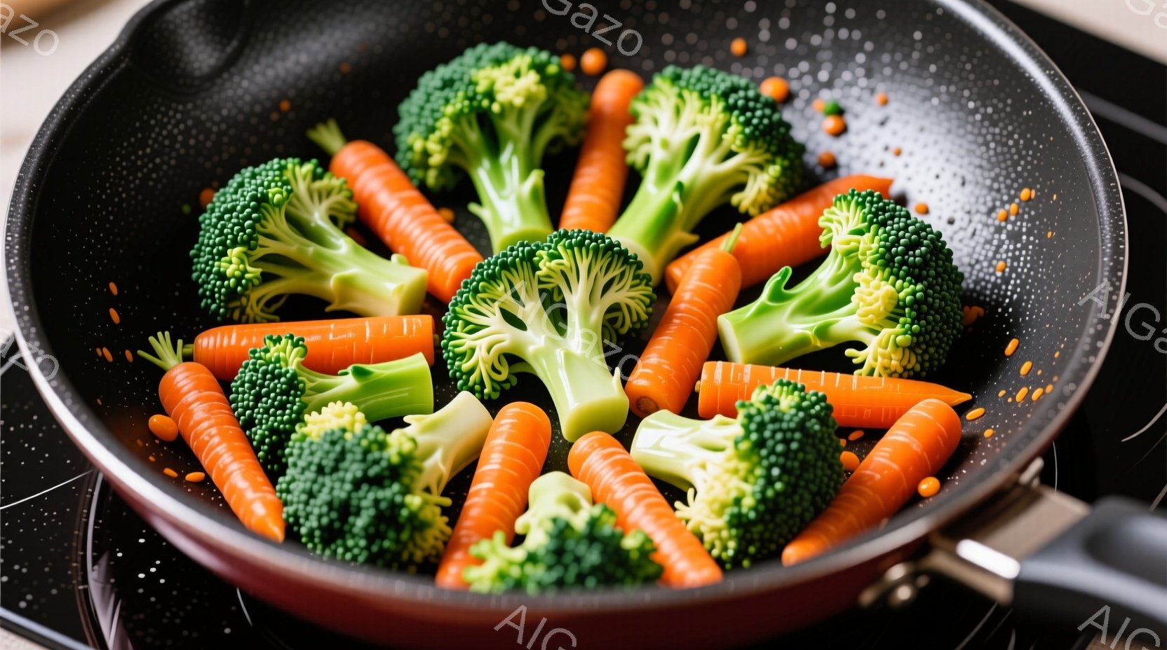 鍋の中に緑色のブロッコリーとオレンジ色の人参が並べられています。野菜は新鮮で、鍋の中で調理されている最中の様子が伺えます。背景は黒く、調理器具のシンプルな構図が強調されています。