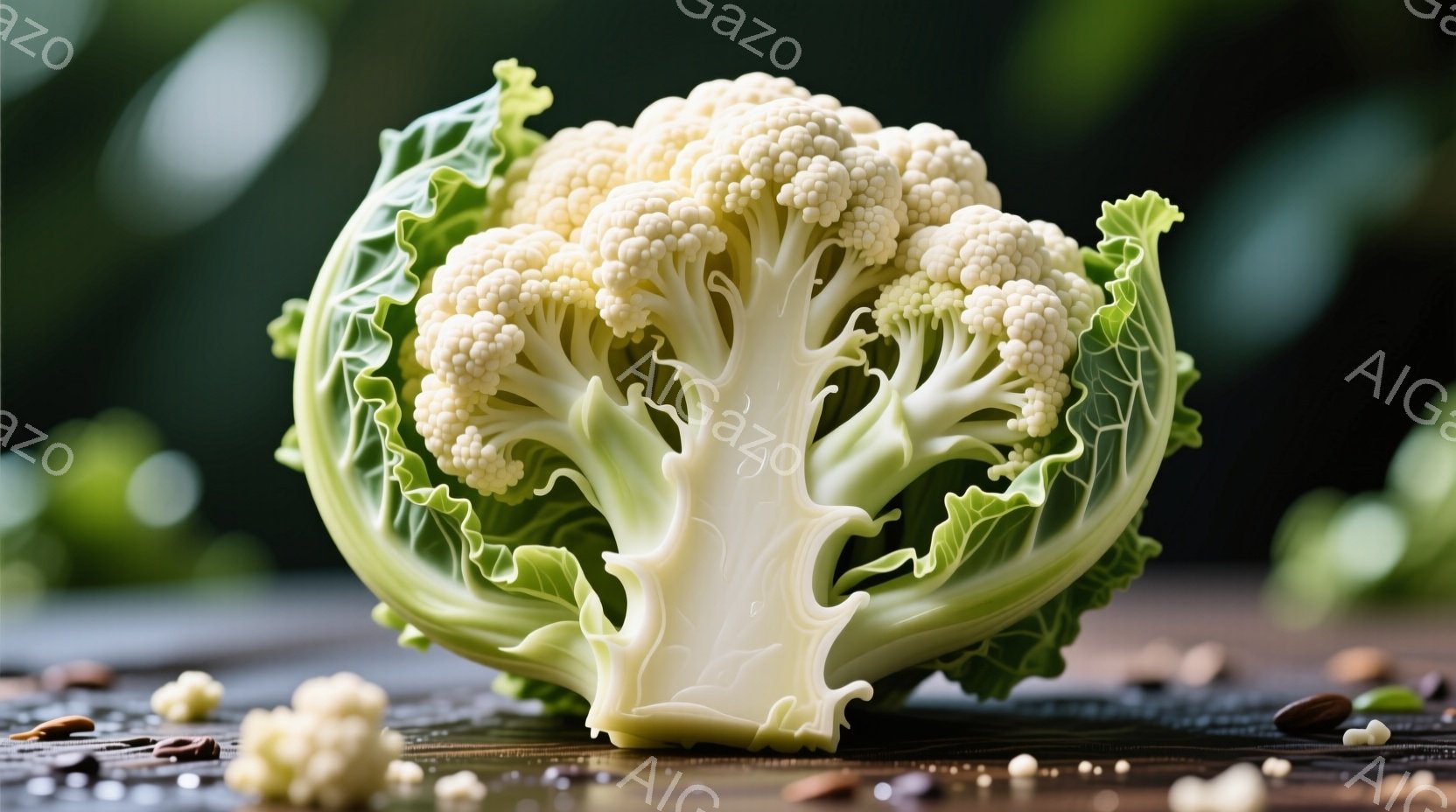 鮮やかな緑色の葉に囲まれた、切り口が美しいカリフラワーが中央に配置されている。背景はぼかされた緑色で、テーブルの表面には小さな白い花のようなものや茶色の種が散りばめられている。全体的に、自然で健康的な - AI生成フリー素材