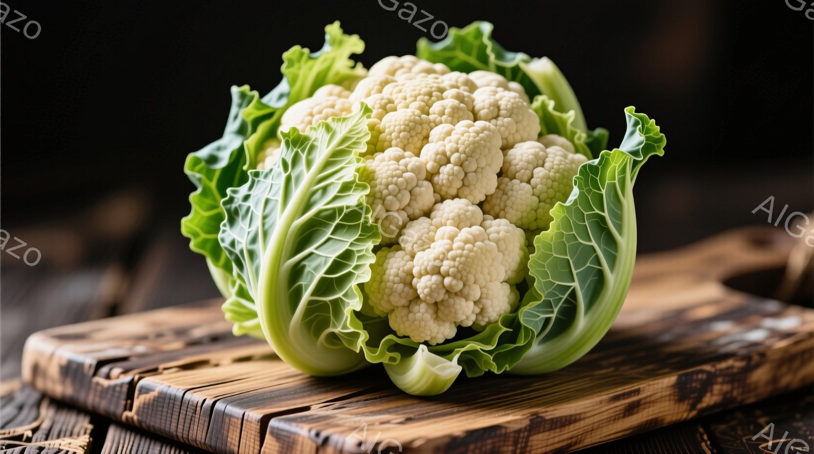 白い花キャベツが、粗く加工された木製の板の上に置かれています。キャベツは緑色の葉で包まれており、その葉は少しカールしています。背景は暗く、木製の質感とキャベツの白い色が際立っています。