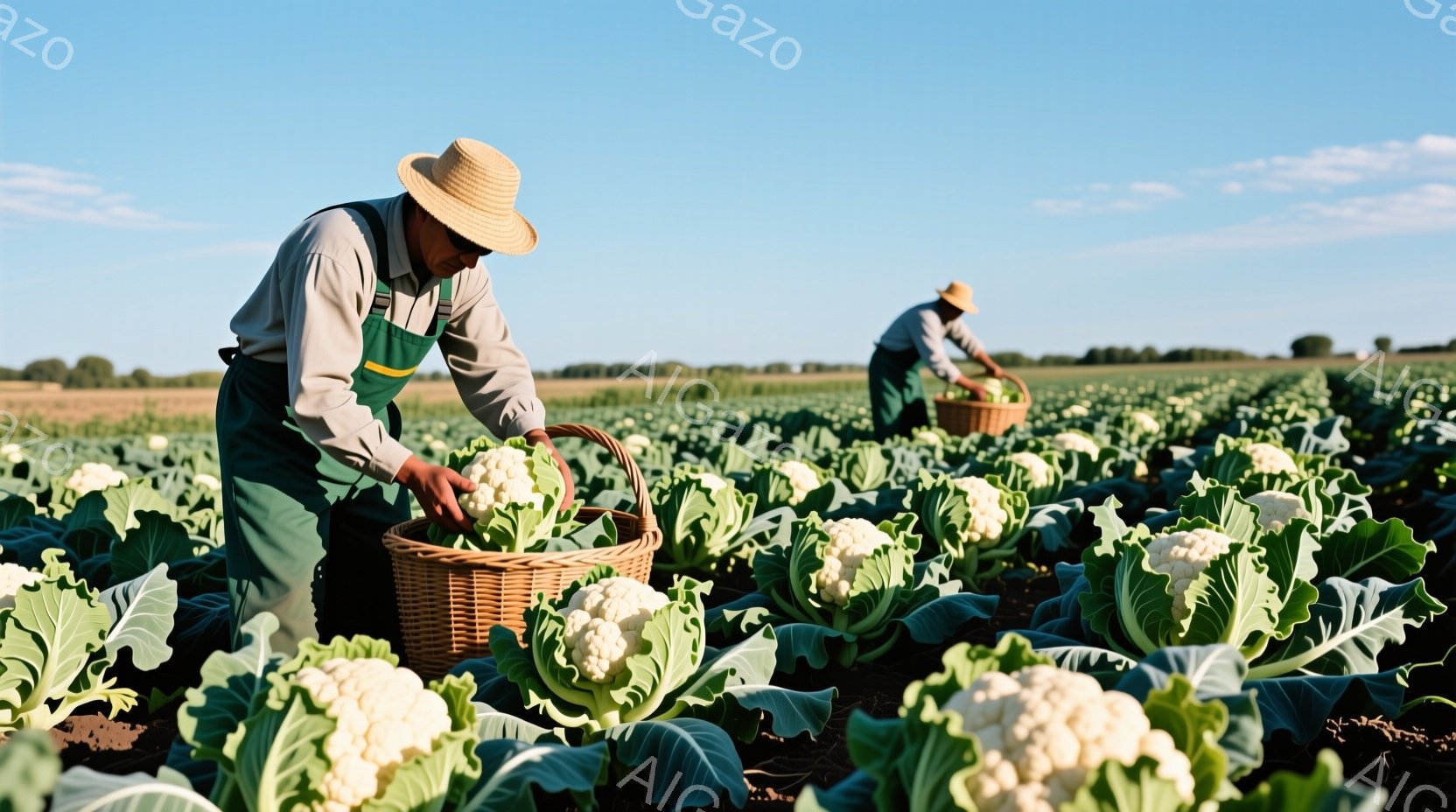 緑豊かなカリフラワー畑で、麦わら帽子とエプロンを身に着けた二人の農夫が収穫作業を行っている。彼らはかがみ込み、手でカリフラワーを丁寧にバスケットに収めている様子が伺える。背景には広大な畑が広がり、晴天 - AI生成フリー素材