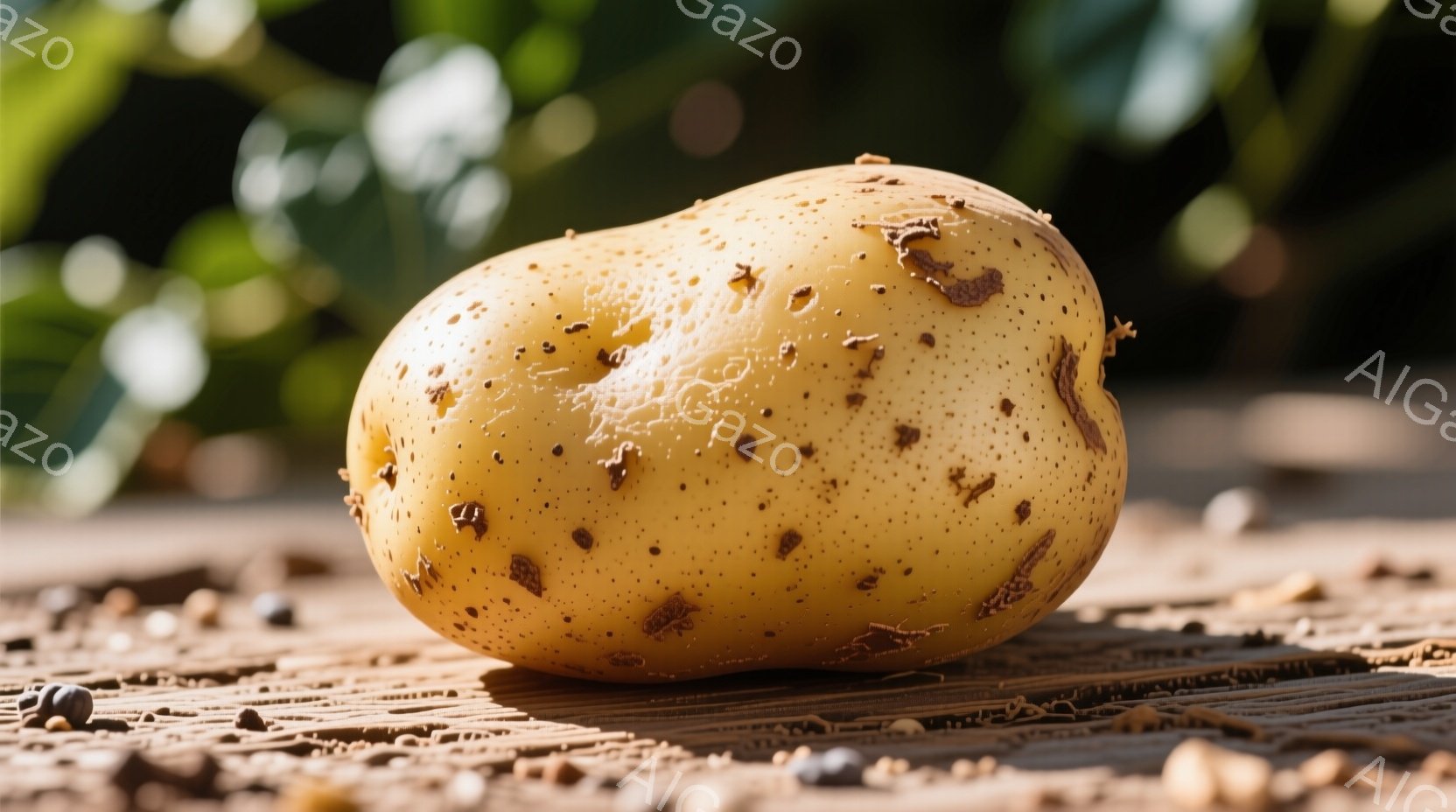 茶色と黄色の斑点のある丸いジャガイモをクローズアップで捉えています。背景は土のような質感の地面と緑豊かな植物で、屋外の自然な光の中で撮影されています。ジャガイモの表面はゴツゴツしており、土が付着してい - AI生成フリー素材