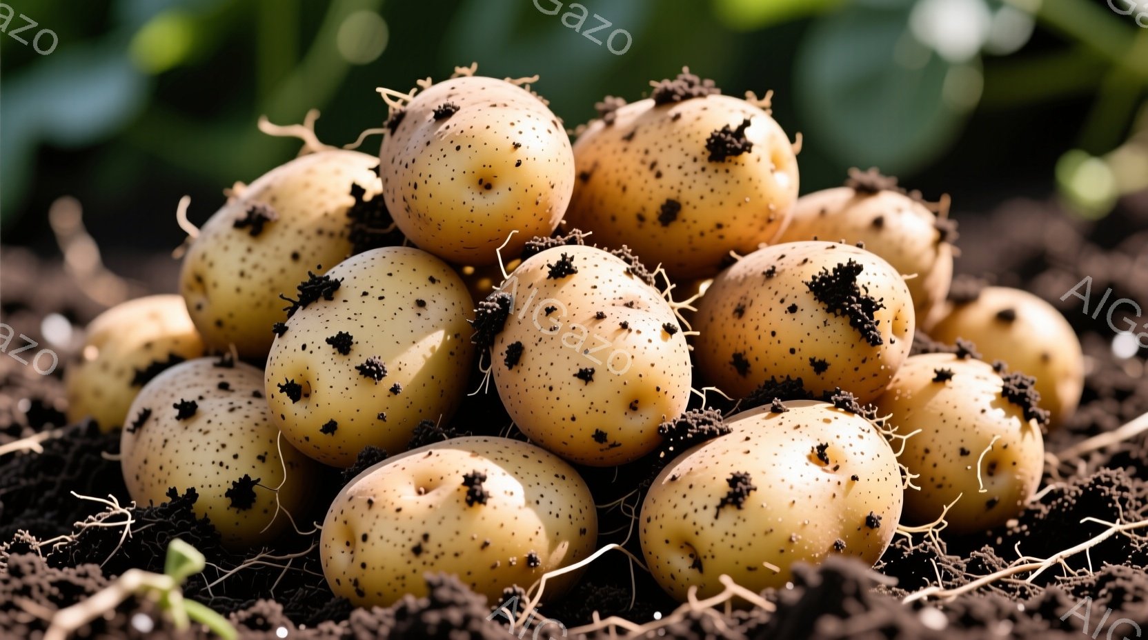 土の中から掘り出されたばかりのジャガイモが、茶色い土の上に山積みにされています。それぞれのジャガイモは、表面に小さな芽のようなものがついており、土で汚れています。背景には、緑色の植物が見え、屋外で自然な環境であることがわかります。