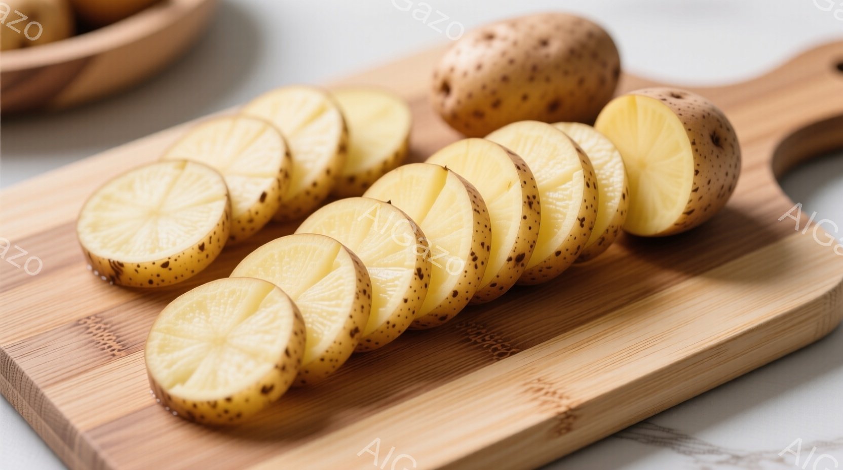 木製のまな板の上に並べられた、スライスされたジャガイモが写っています。ジャガイモは不規則な形にカットされており、薄切りで、皮付きのままです。背景は白っぽい大理石のような表面で、全体的に明るく清潔な印象 - AI生成フリー素材