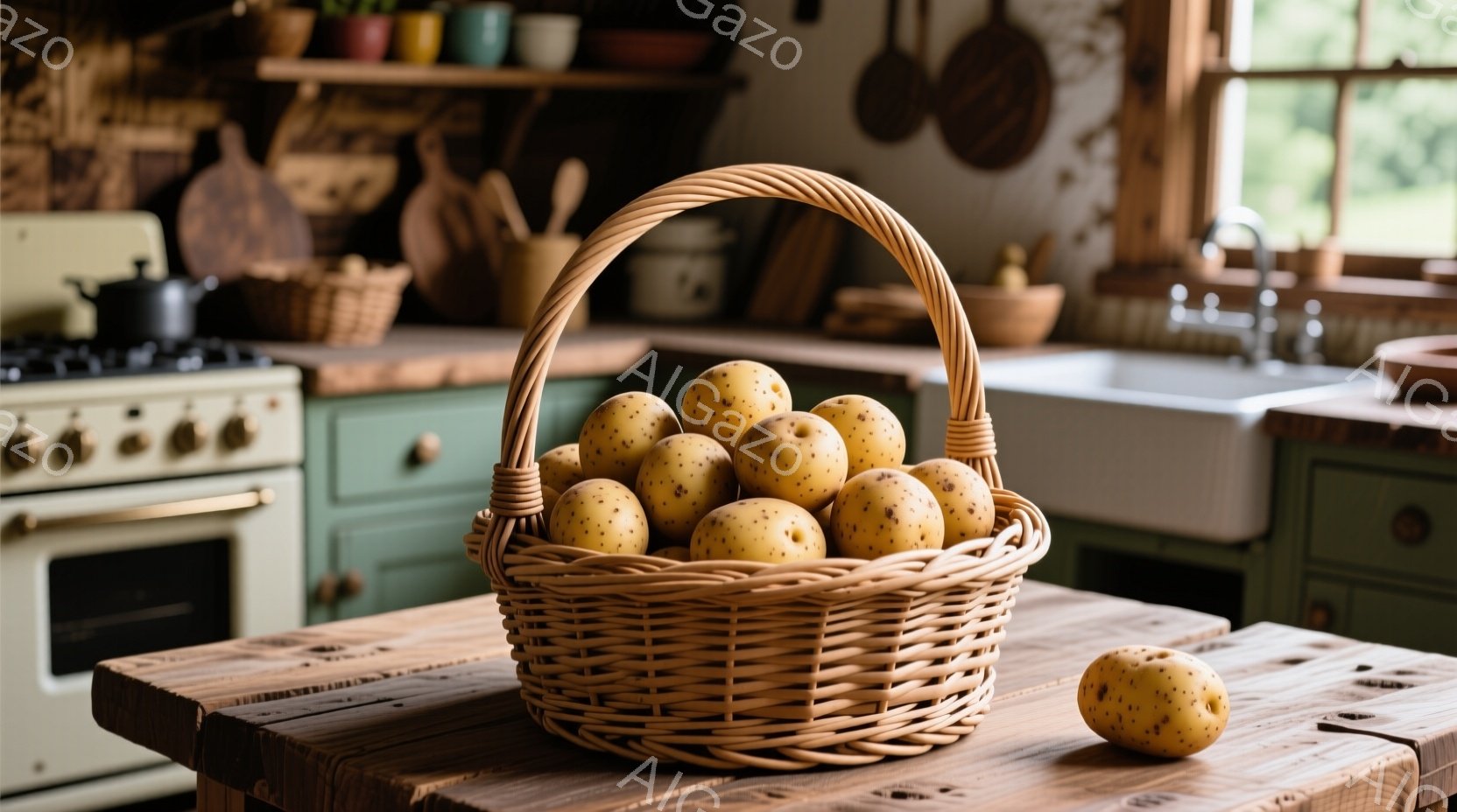 ざらついた木製のテーブルの上に、ワイヤーで編まれたバスケットが置かれ、中に黄褐色のジャガイモが山のように積まれています。背景には、クリーム色のキッチンキャビネットと緑色の引き出し、そしてステンレス製の - AI生成フリー素材