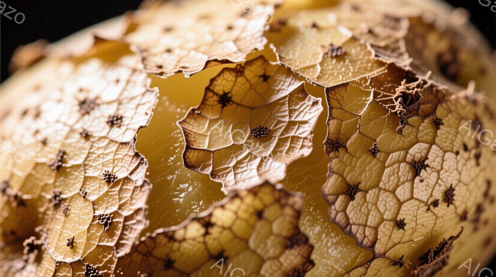 剥がれかけた茶色い殻のようなものが、まるで地形図のように複雑な模様をしています。表面には細かいひび割れが網目状に広がり、ところどころに小さな黒い斑点が点在しています。全体的に乾燥し、古びた質感で、何か有機的なものが朽ち果てていく過程を想起させます。