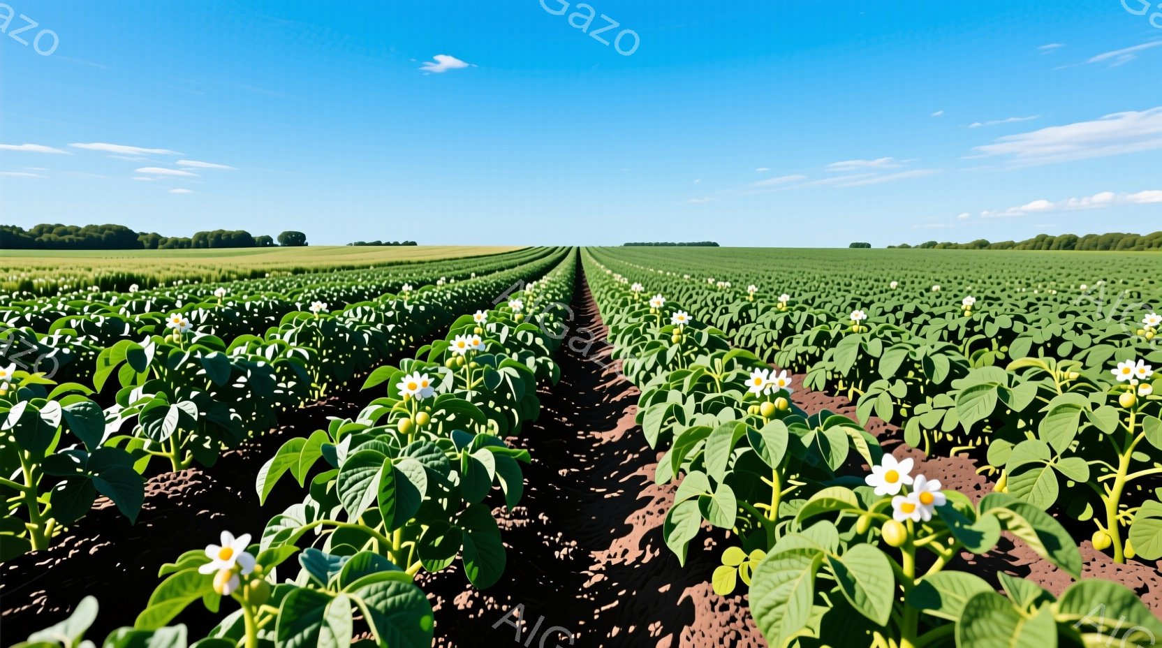 広大な畑一面にジャガイモの植物が整然と並び、白い花を咲かせている。地平線には緑の木々が帯状に見え、晴れた空の下、明るい日差しが降り注いでいる。整然とした作物の並びと青空が、平和で穏やかな雰囲気を醸し出している。