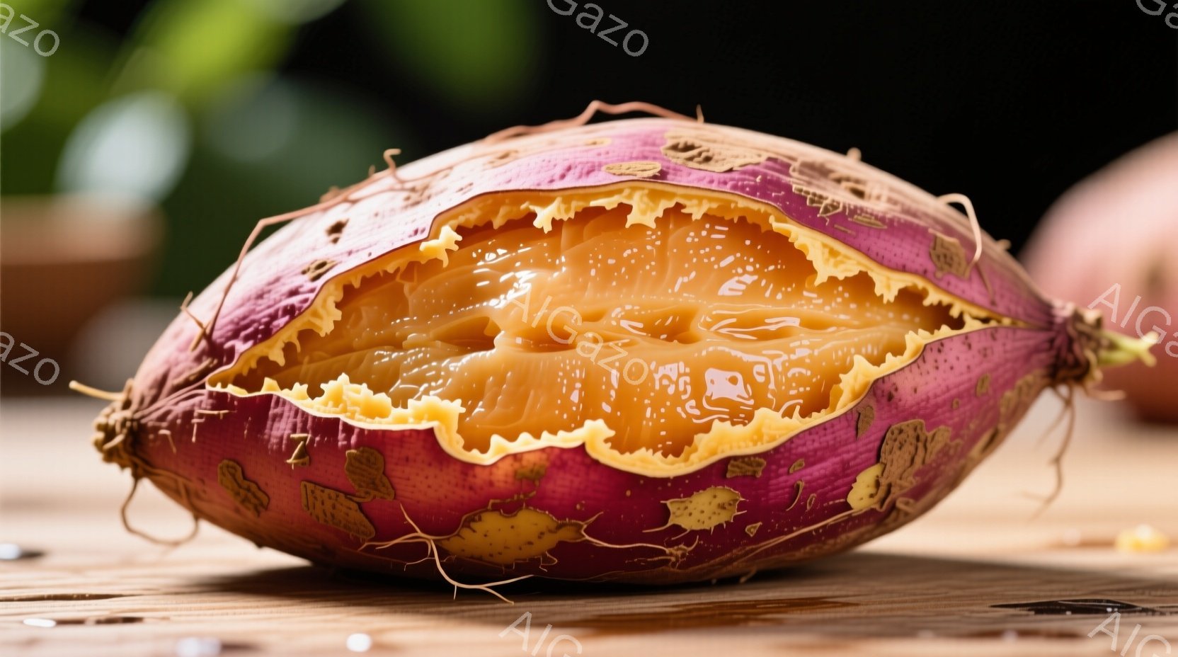 鮮やかな紫色のヤムイモが半分に割れており、中から黄色い果肉が露出している。表面には土が付着しており、根のような細い繊維がいくつか見られる。木製のテーブルの上に置かれており、背景はぼやけているが、他の野 - AI生成フリー素材