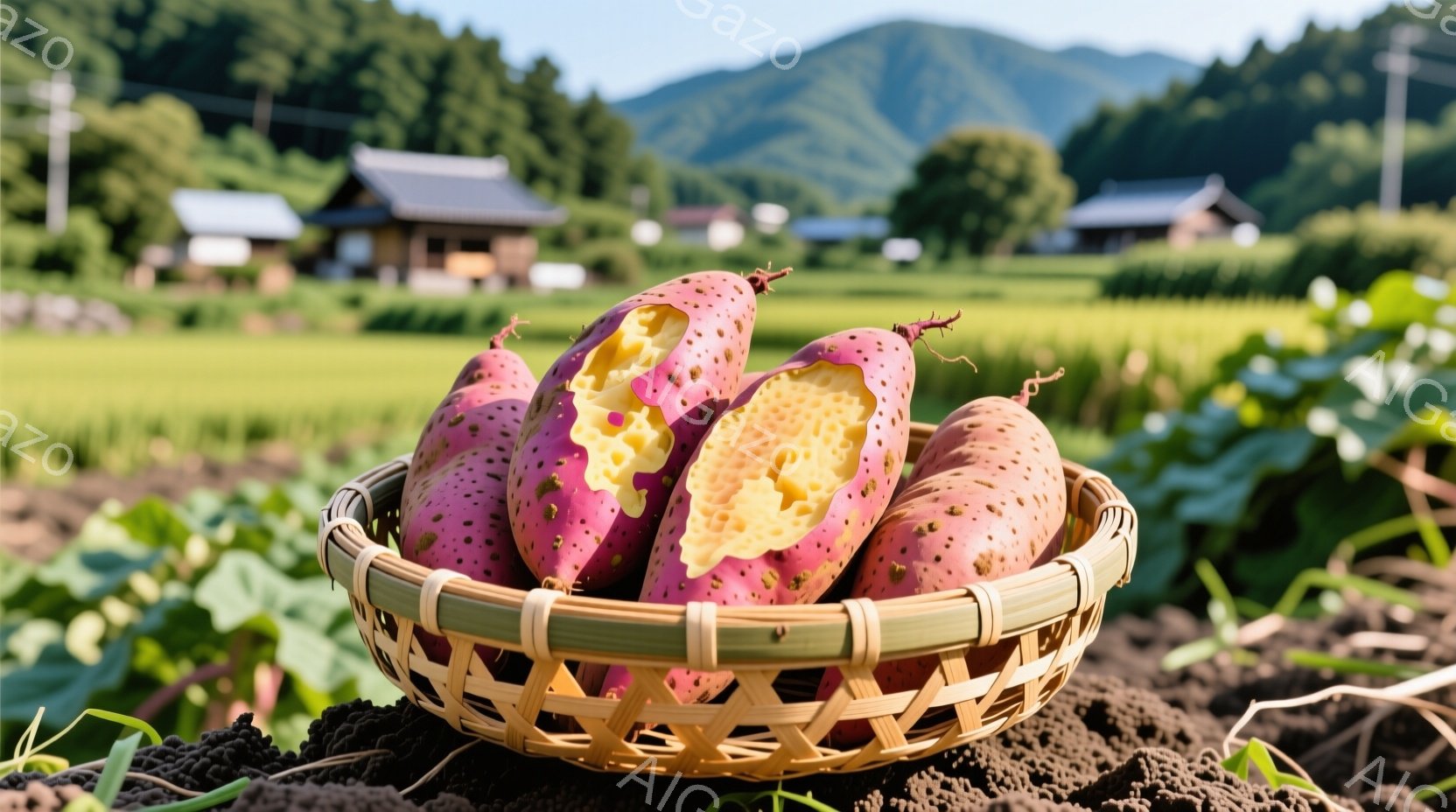 浅い竹かごの中に、紫色のサツマイモがいくつか入っており、そのうちの一つは割れて中の黄色い果肉が見えている。背景には緑豊かな畑が広がり、遠くには木造家屋と山々が見える穏やかな田園風景である。全体的に暖か - AI生成フリー素材