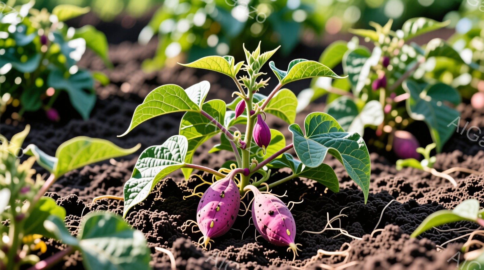 肥沃な黒土の中に、紫色のサツマイモが数個並んで育っている様子が写っている。鮮やかな緑の葉と茎が伸び、活気に満ちた成長を物語っている。背景には同様のサツマイモの葉が見え、畑全体が豊かに育っていることを示唆している。