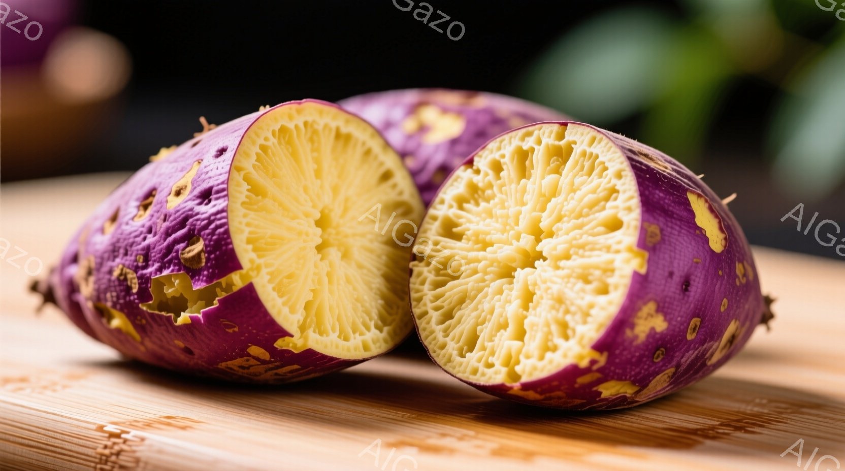 鮮やかな紫色のサツマイモが半分に切られて、木製の板の上に並んでいます。断面は黄色く、スポンジのような独特の形状をしており、その食感と風味を想像させます。背景はぼやけていますが、自然な木目で温かみのある - AI生成フリー素材